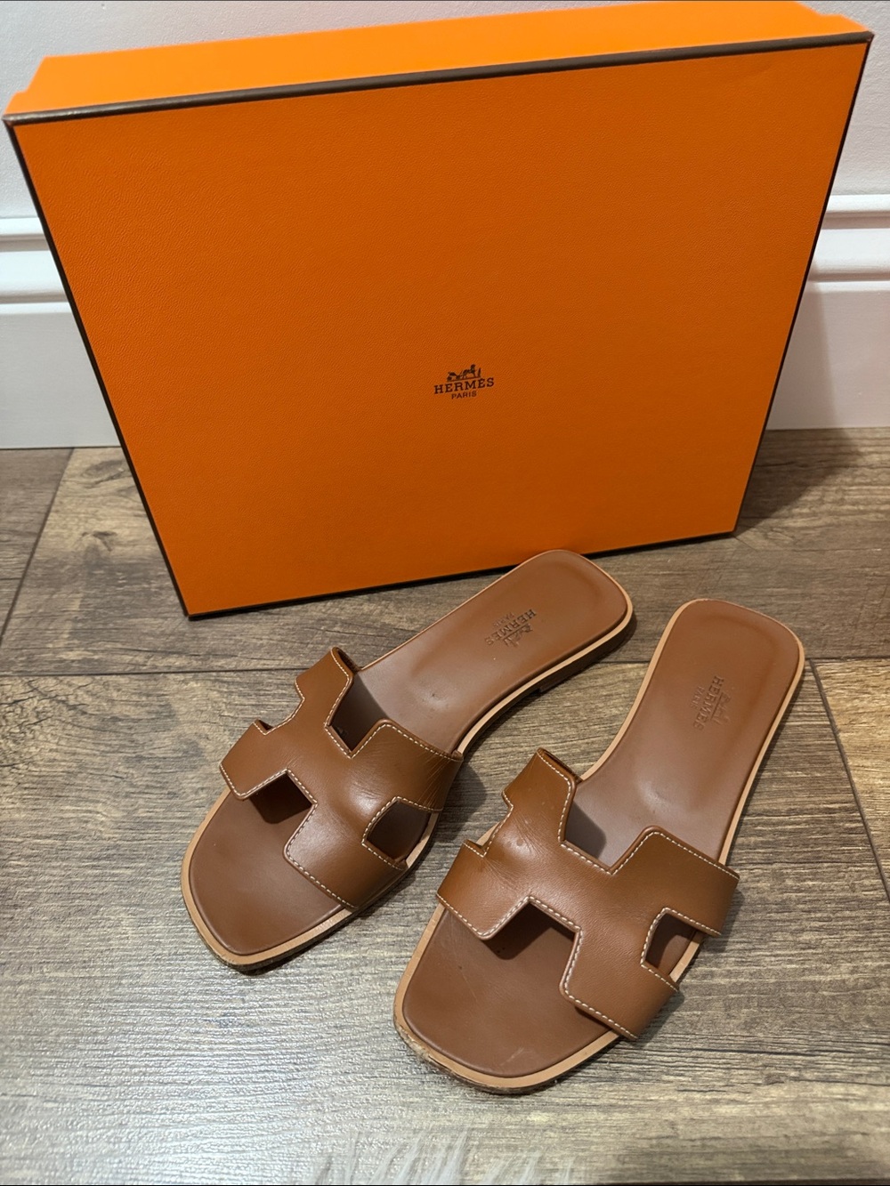 Hermès Brown Leather H-strap Slide Sandals